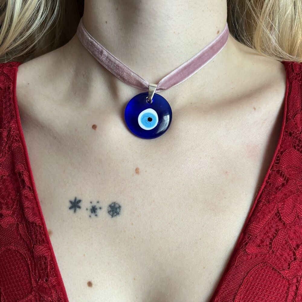 Glass Evil Eye Talisman Choker on Pink Velvet Ribbon with Silver Accents Boho